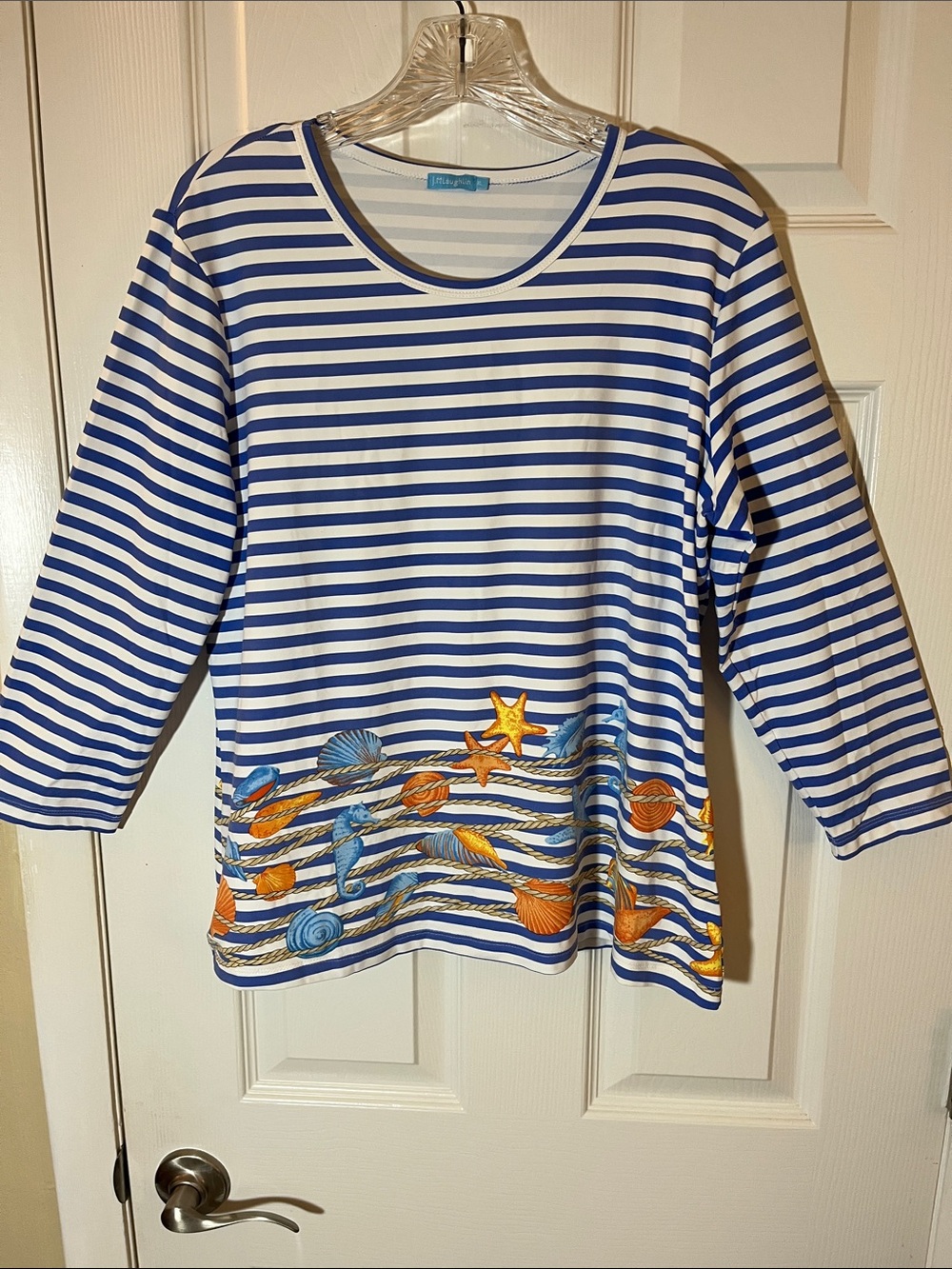 JMcLaughlin blue white stripe nautical seahorse shell pull over 3/4 sleeve XL